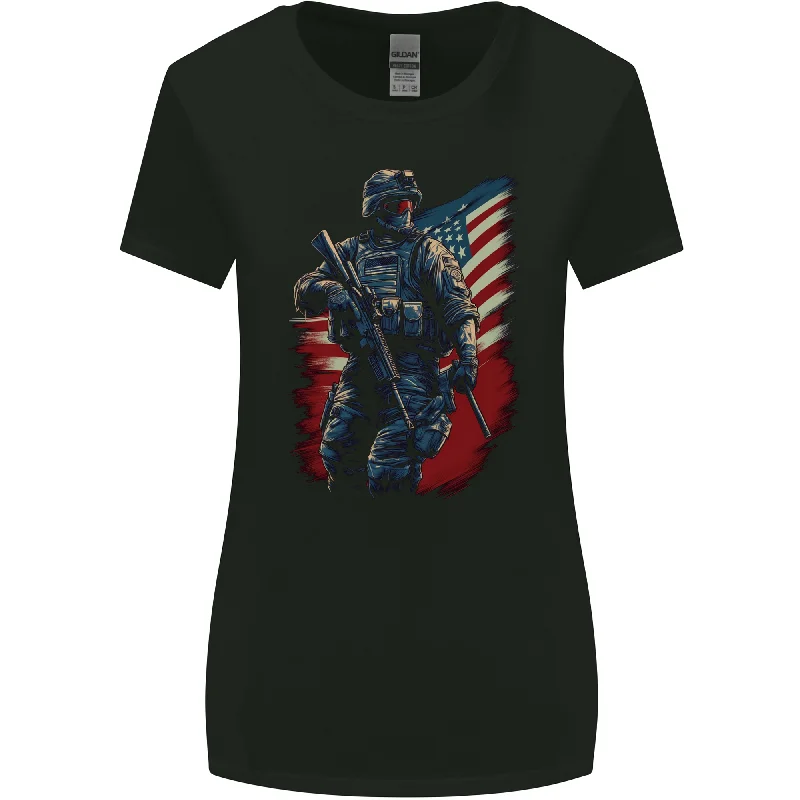An American Soldier With USA Flag Army Marine Womens Wider Cut T-Shirt Casual Formal Business