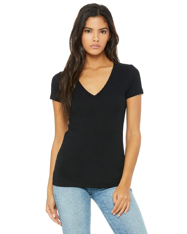 Bella+Canvas Ladies Deep V-Neck T-Shirt | Black Polka Dot Checkered Tartan