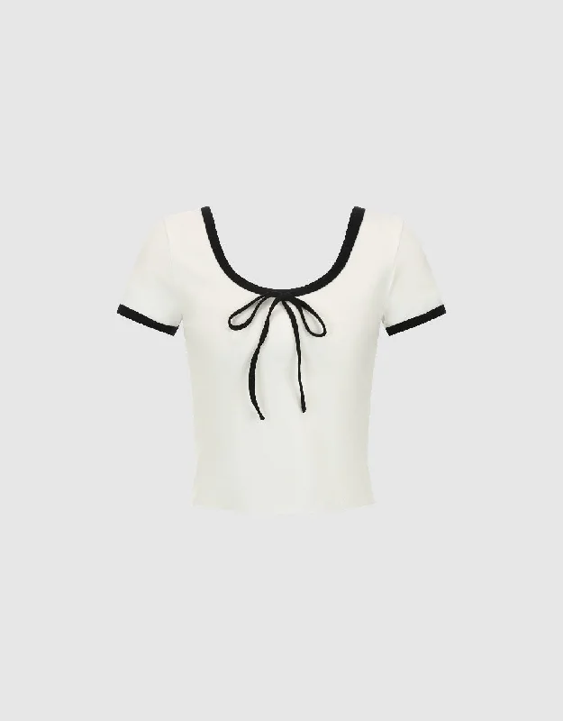 Bow Decor U Neck T-Shirt Chenille Blend Fleece Blend Nylon Blend