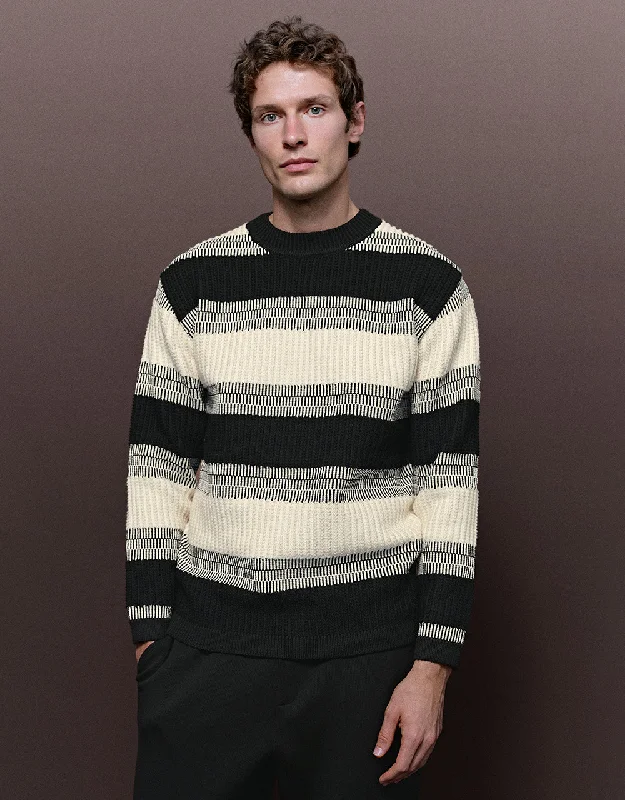 Crew Neck Striped Knitted T-Shirt Fleece Nylon Spandex
