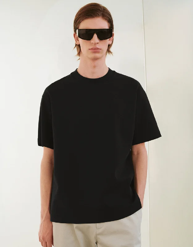 Drop Shoulder Sleeve Crew Neck T-Shirt Mesh Canvas Denim