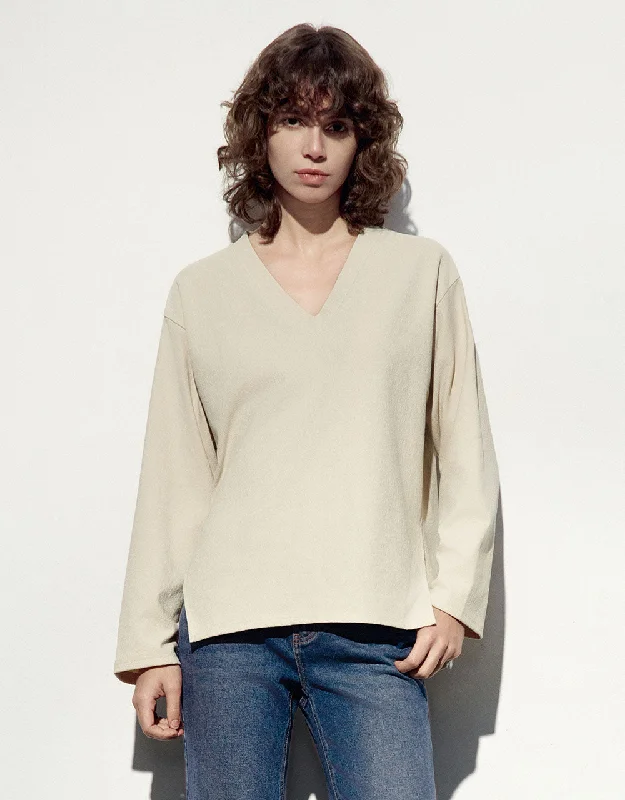 Drop Shoulder Sleeve V-Neck Knitted T-Shirt Polka Dot Checkered Tartan