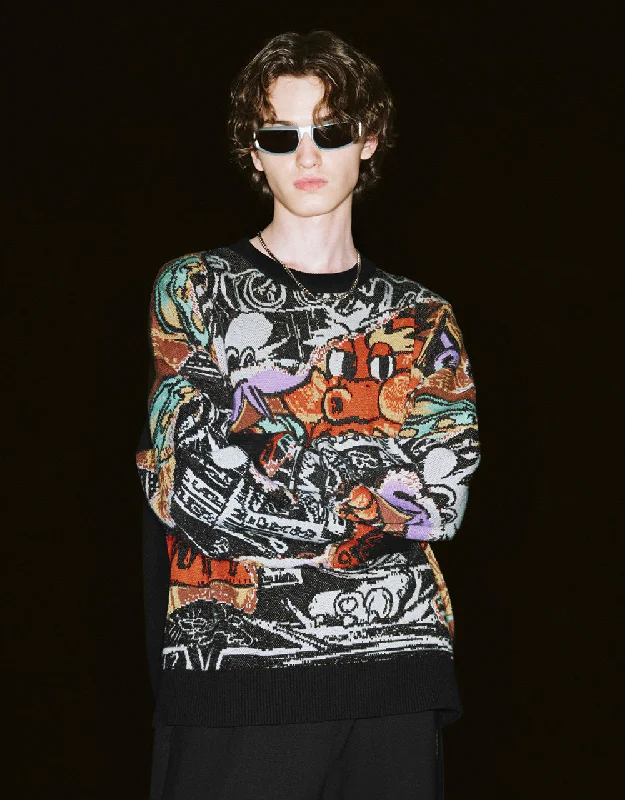Graphic Printed Knitted T-Shirt Front Pockets Side Pockets Patch Pockets