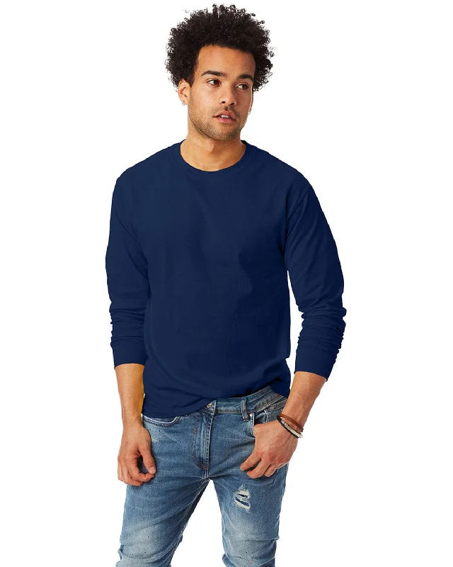 Hanes Tagless ComfortSoft Long Sleeve T-Shirt | Navy Fleece Fabric Down Fabric Feather Fabric