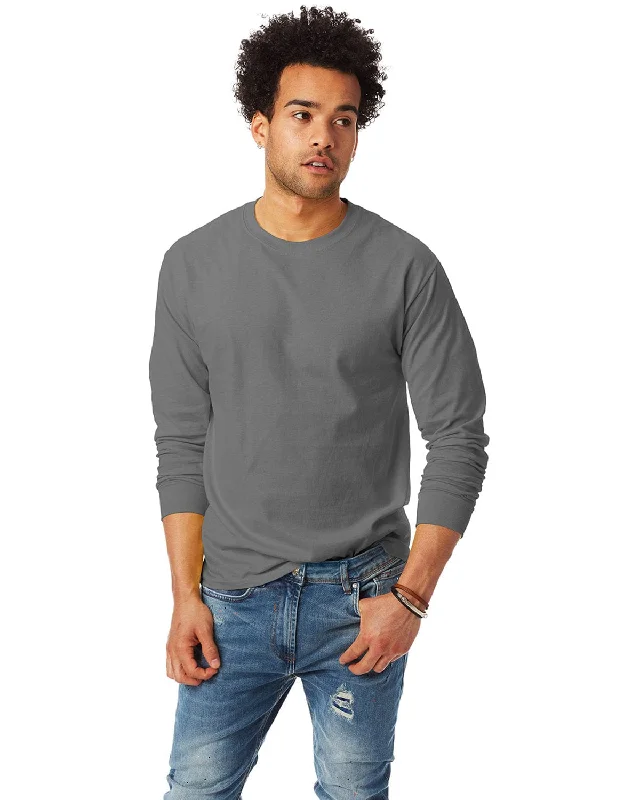 Hanes Tagless ComfortSoft Long Sleeve T-Shirt | Smoke Gray Striped Floral Plaid