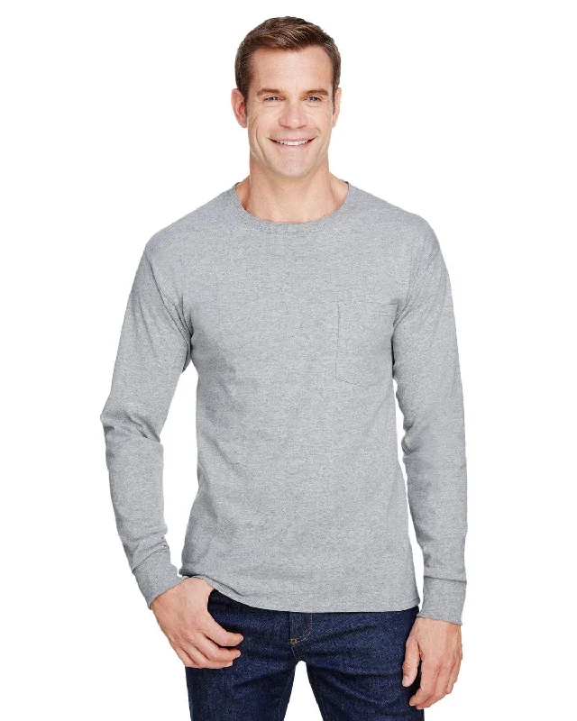 Hanes Workwear Long Sleeve Pocket T-Shirt | Light Steel Zippered Buttoned Snapped