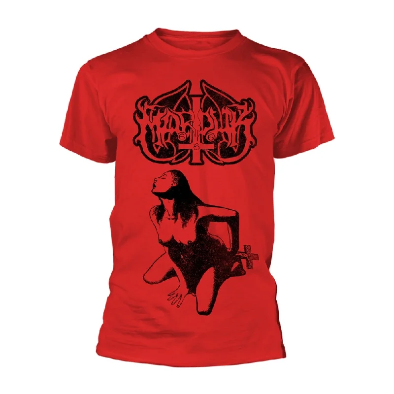 Marduk Unisex T-shirt: Fuck Me Jesus (Red) (back print) Hooded Caped Shawl Collar
