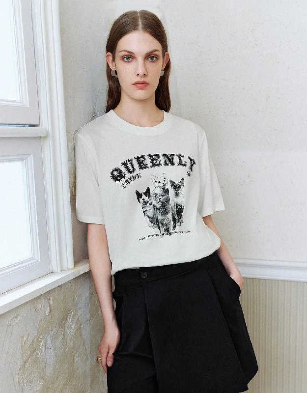 Printed Crew Neck Loose T-Shirt Chenille Brocade Lace