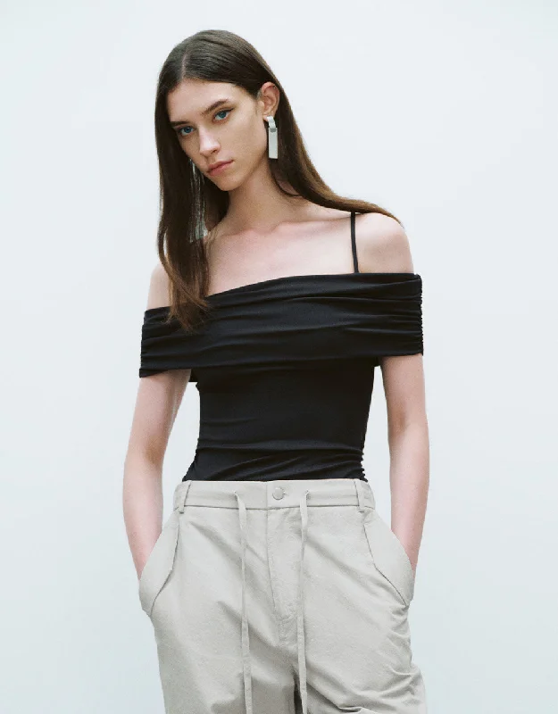 Ruched Off-Shoulder Knitted T-Shirt Hooded Caped Shawl Collar