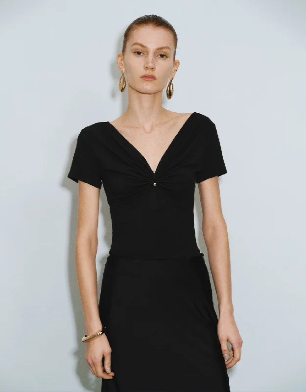 Ruched V-Neck Skinny T-Shirt Rayon Velvet Corduroy