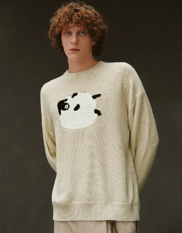 Sheep Embroidered Knitted T-Shirt Satin Blend Silk Blend Wool Blend