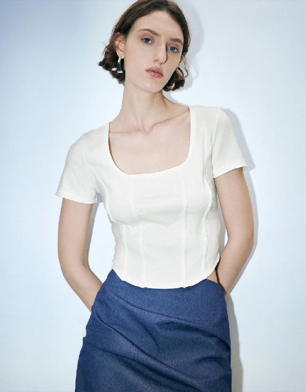Square-cut Collar Skinny T-Shirt Houndstooth Herringbone Solid