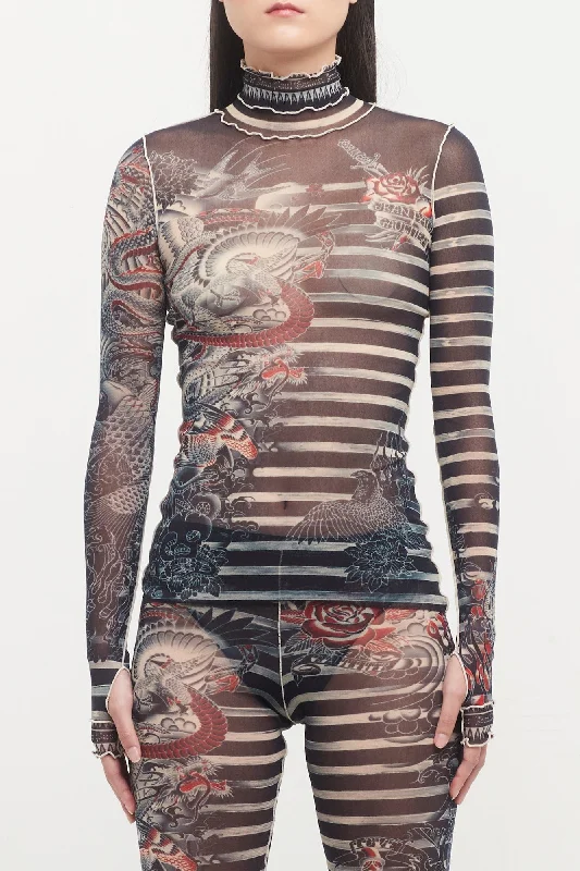 Jean Paul Gaultier Mariniere Tattoo High Neck Long Sleeve Top Trendy Button-Up High-Waist Jeans