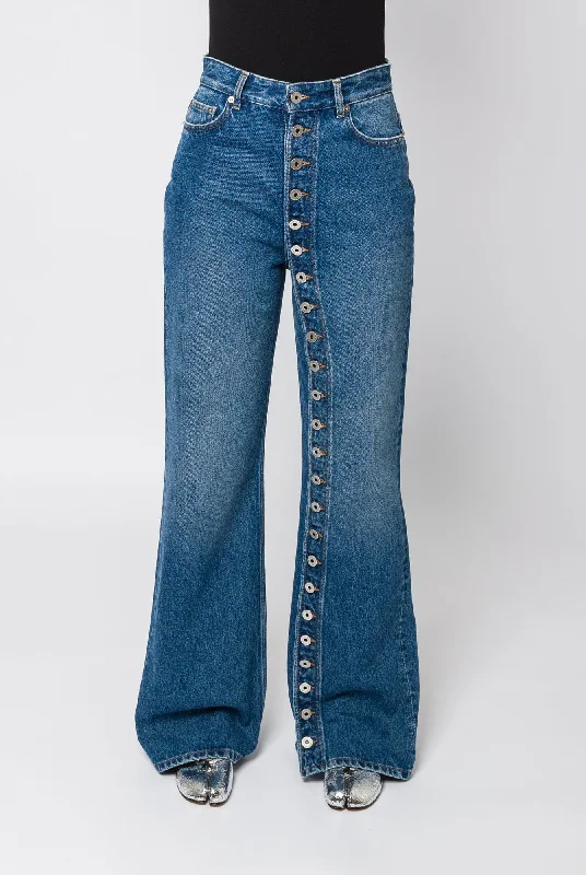 Jean Paul Gaultier Denim Jean with One Leg Buttons Detail Chic Double Waistband Jeans