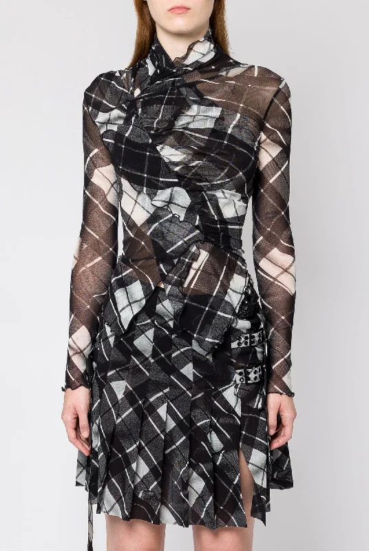 Jean Paul Gaultier Distorted Tartan Mesh Draped Long Sleeve Top Trendy Bootcut High-Waisted Jeans