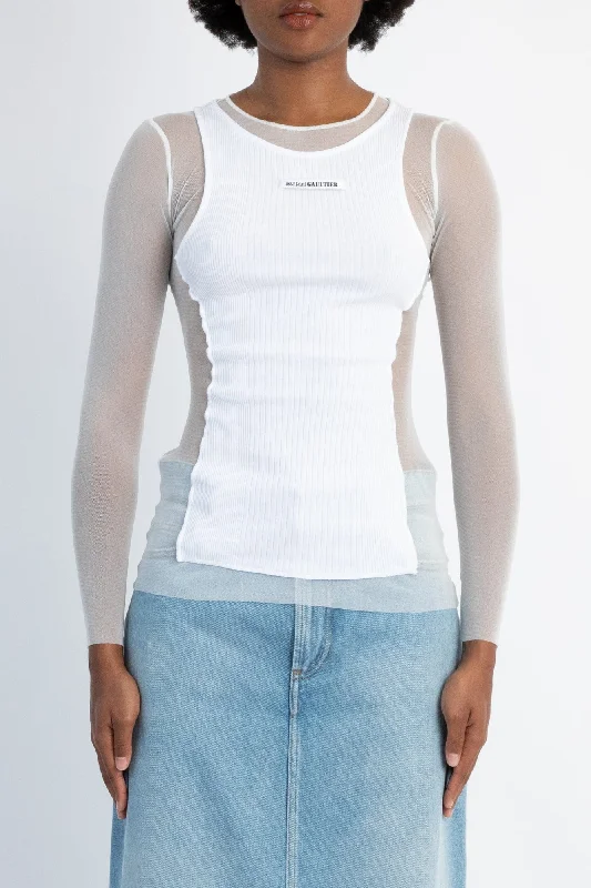 Jean Paul Gaultier Mesh Top with Petit Grand Rib Trendy Cut-Off Denim Shorts