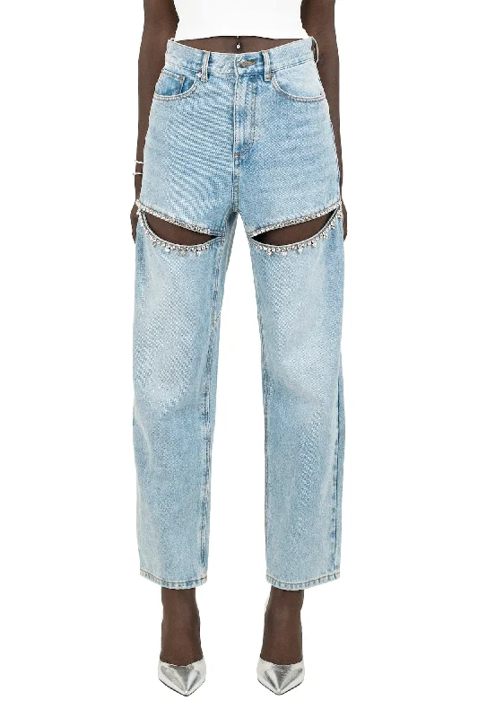 Area Crystal Slit Jean Fashionable Slim Fit Jeans