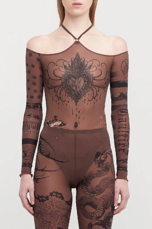 Jean Paul Gaultier X KNWLS Clavicle Body Neck Long Sleeves Printed Trompe l'oeil Tattoo Fashionable Raw Hem Bootcut Jeans