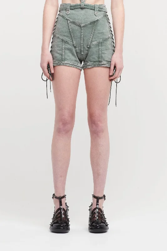 Jean Paul Gaultier X KNWLS Washed Laced Mini Short High Waist and Band Details Comfortable Stretch Denim Jeans