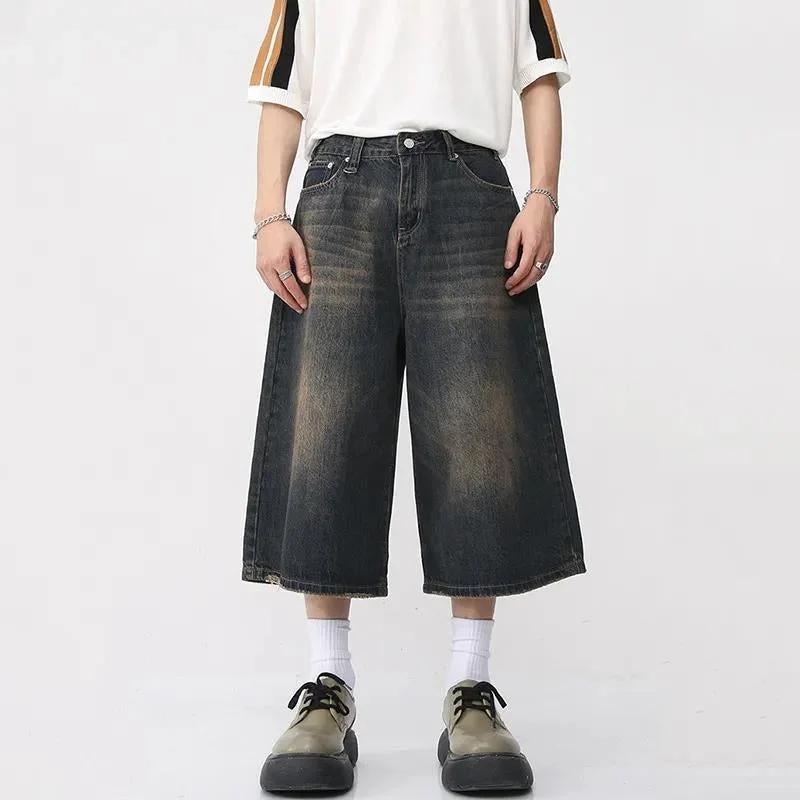 Dark Washed Jean Capri Shorts Comfortable Mid-Rise Jeans