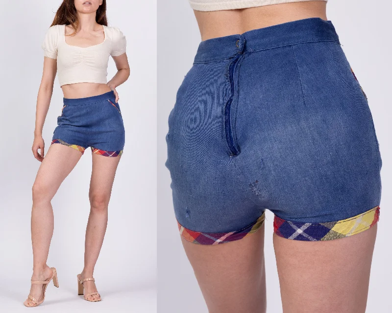 50s 60s Plaid Trim Jean Pinup Shorts - Extra Small, 25" Chic Ripped Jeans