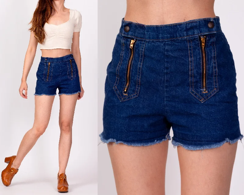 70s Zippered Dark Wash Jean Shorts - Petite Extra Small, 24" Trendy Button-Up High-Waist Jeans