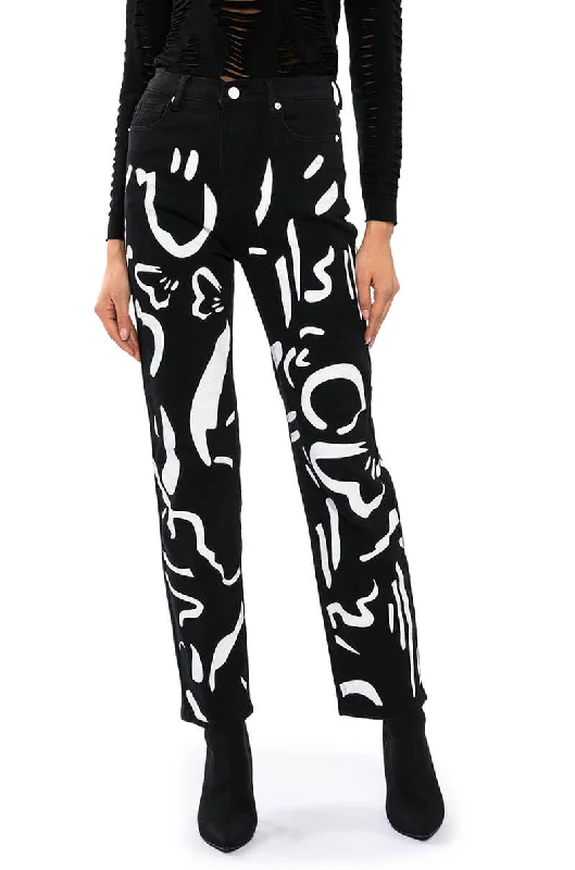 ABSTRACT PAINTED HIGH WAISTED WIDE LEG JEAN Casual Distressed Denim Jeans