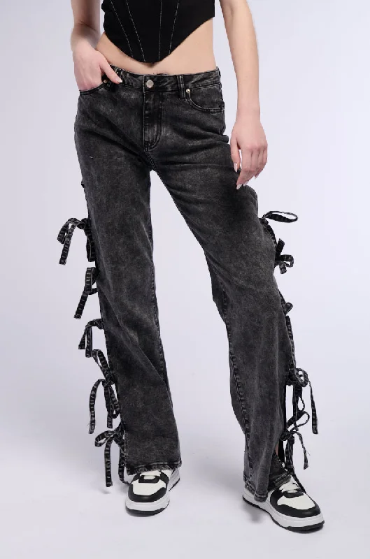 ACID WASH TIE UP SIDES STRAIGHT LEG JEAN Comfortable Mid-Rise Jeans
