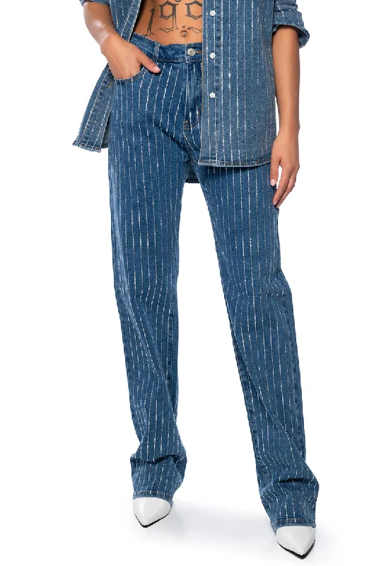 EFFORTLESS GLAM RHINESTONE STRIPE WIDE LEG JEAN Comfortable Mid-Rise Jeans