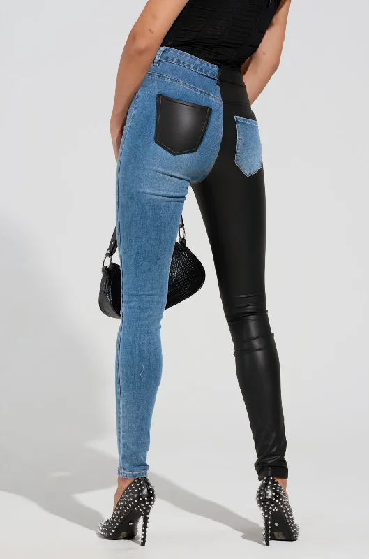 FLEX FIT EXTREME STRETCH HALF AND HALF PU HIGH WAIST SKINNY JEAN Stylish High-Rise Mom Jeans
