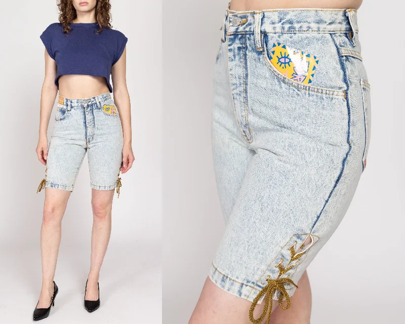 Small 80s Jordache Acid Wash Lace Up Jean Shorts NWT 27" Stylish Paperbag Waist Denim