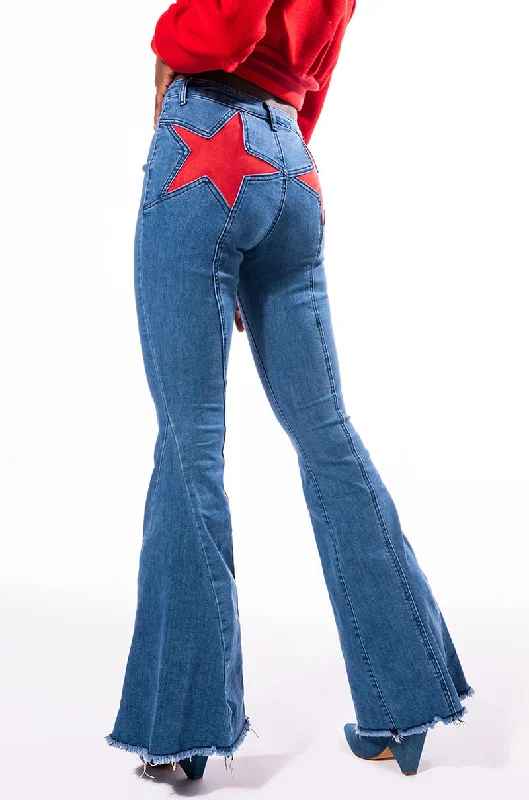 TAKE ME AWAY STAR PATCH DETAIL HIGH WAISTED FLARED JEAN Trendy Layered Pocket Jeans