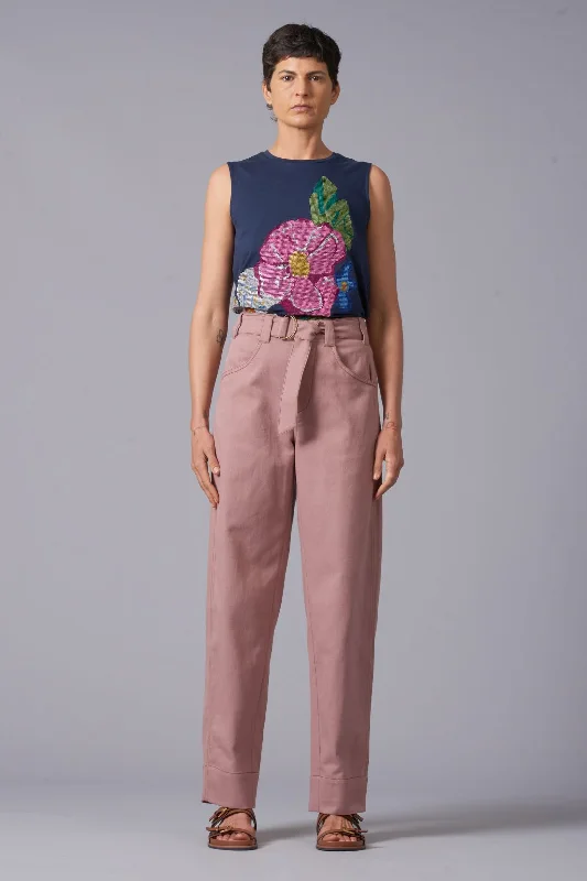 Twill Belted Jean - Rose Fashionable Raw Hemmed Jeans