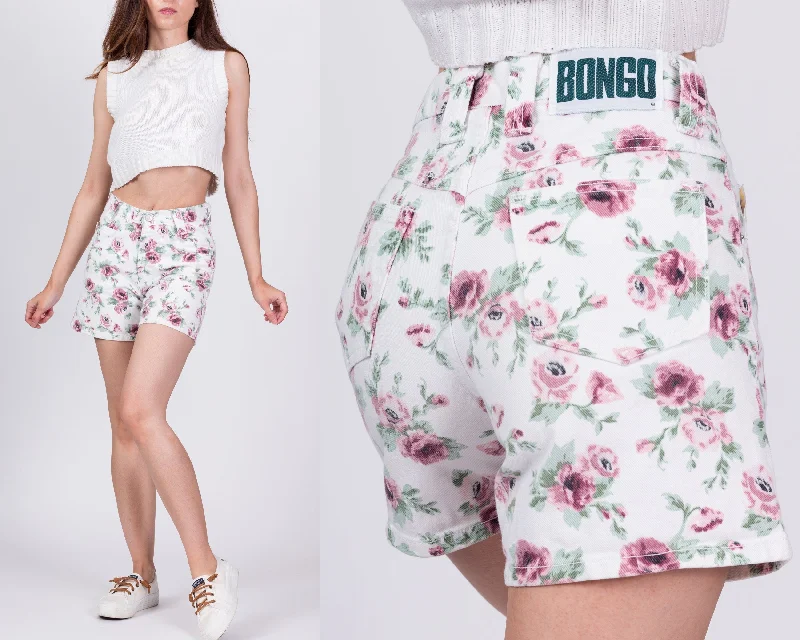 Vintage Bongo High Waisted Floral Jean Shorts - Petite Extra Small, 24" Stylish High-Waist Skinny Denim