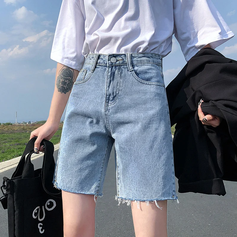 Women Loose Retro Raw Edge Straight Jean Wide Leg Denim Shorts Casual High-Waisted Bootcut Jeans