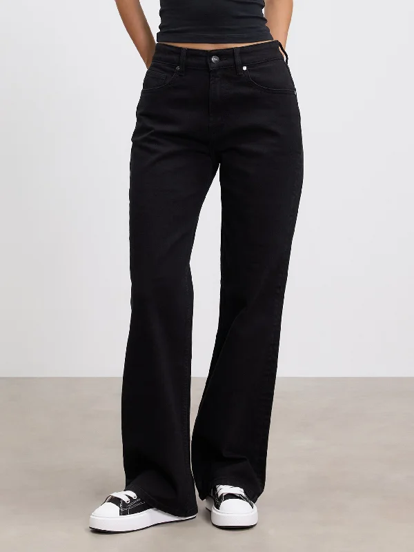 Womens Mid Rise Straight Denim Jean in Black Fashionable Button-Front Jeans
