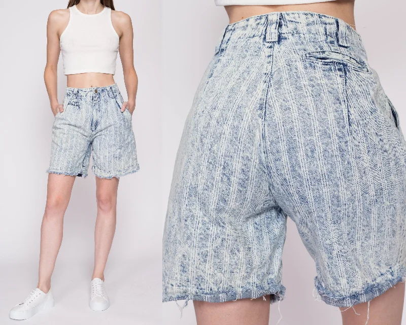 XS 80s Acid Wash Striped Jean Shorts 25" Comfortable Drawstring Waist Jeans
