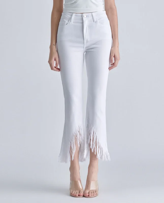 Cello High Rise Crop Flare Jean with Fringe Hem Cozy Stretch High-Waist Jeans