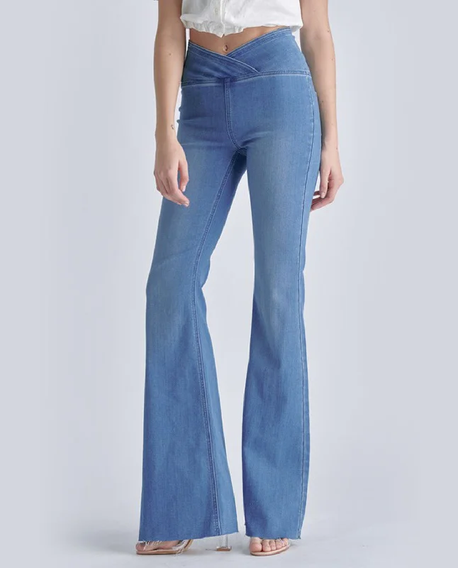 Cello High Rise Flare Jean with Criss Cross Wide Waistband Detail Stylish Tapered Fit Jeans
