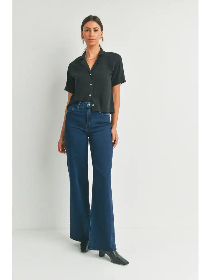Delaney Wide Leg Palazzo Jean in Dark Denim Stylish Paperbag Waist Denim