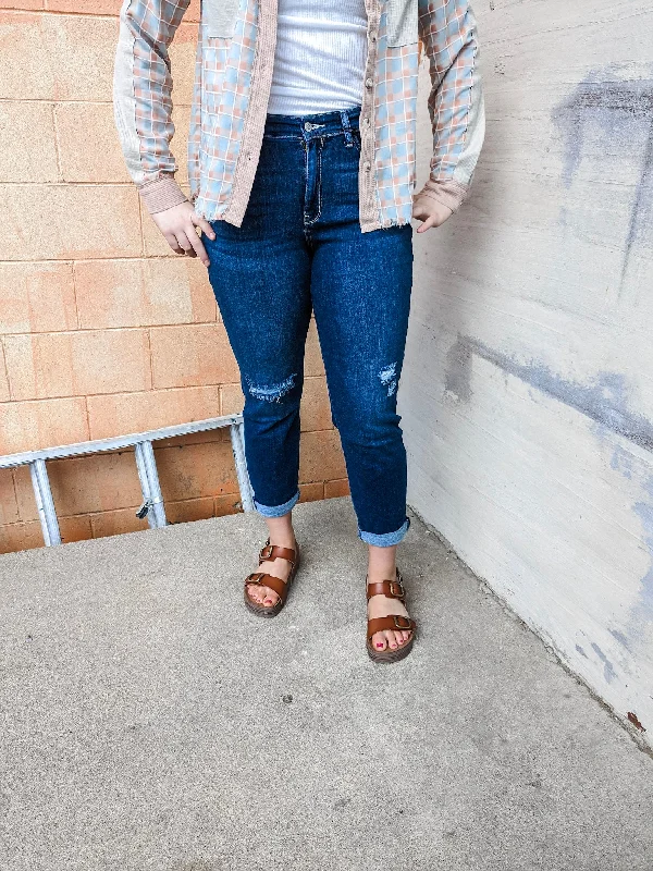Hi Rise Destroy Boyfriend Jean Elegant Dark-Wash Bootcut Jeans
