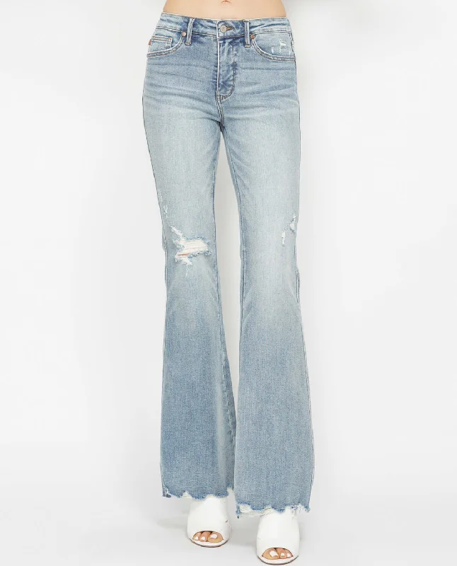 Judy Blue Mid Rise Tummy Control Destroy Flare Jean Cozy Relaxed Fit Jeans