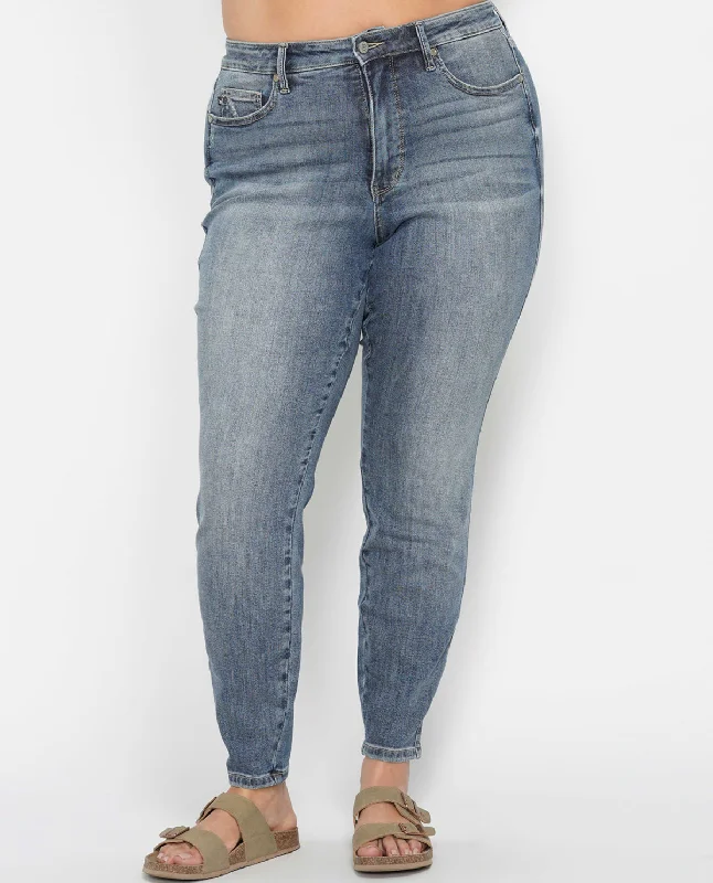 Judy Blue Plus High Waist Tummy Control Skinny Jean Fashionable Raw Hem Bootcut Jeans