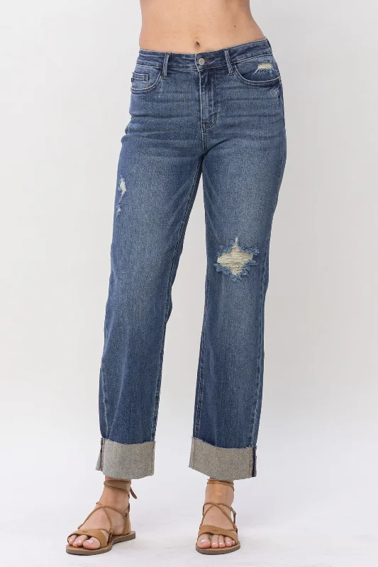 Judy Blue Mid Rise & Single Cuff Dad Jean Straight Denim 88580 Trendy Colored Denim Jeans