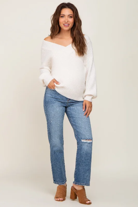 Blue Open Knee Maternity Straight Leg Jean Comfortable Dark Wash Jeans