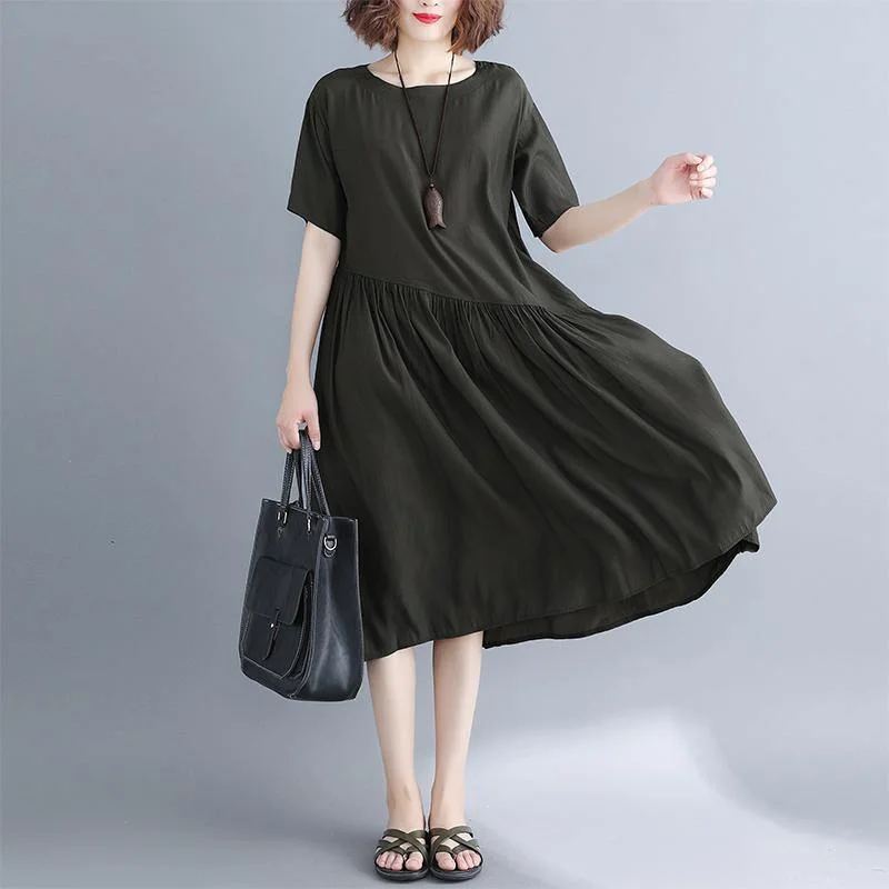 2024 blackish green pure cotton blended dresses oversize maxi dress Elegant short sleeve baggy dresses o neck patchwork cotton dress Trendy Ruffled Maxi Dress