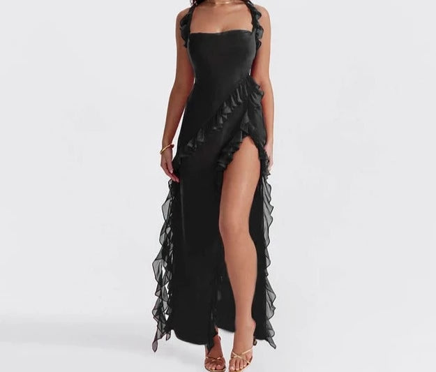 A&A Luxe Ruffle Split Chiffon Maxi Dress Chic Summer Maxi Dress