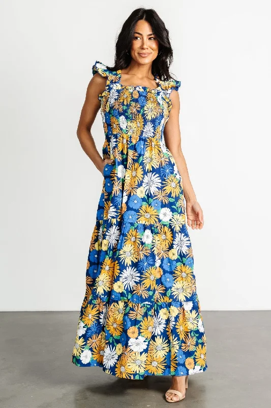 Adela Maxi Dress | Blue Multi Floral Stylish Maxi Dress with Frills