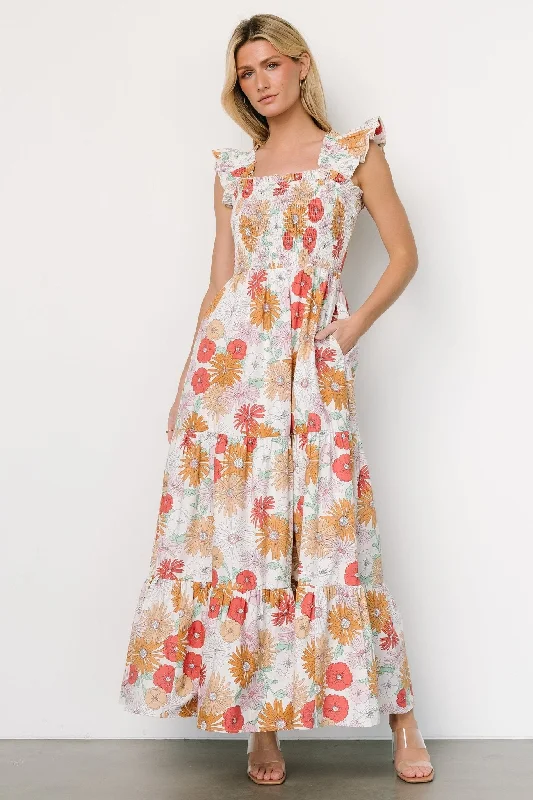 Adela Maxi Dress | Cream Multi Floral Trendy Off-Shoulder Ruffle Maxi Dress