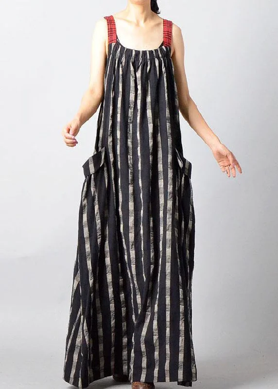 Art Black Plaid Patchwork Pockets Cotton Linen Summer Maxi Dresses Comfortable Pleated Maxi Dress Art Black Plaid Patchwork Pockets Cotton Linen Summer Maxi Dresses Comfortable Pleated Maxi Dress